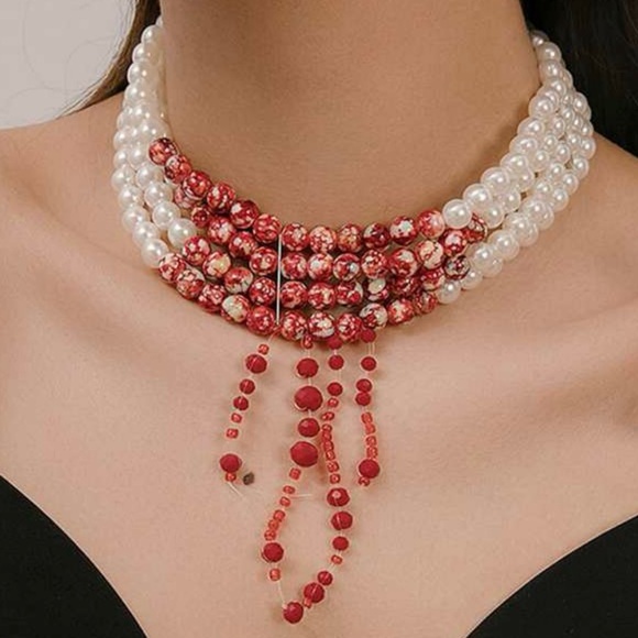 “Vampire Bite” Elegant Blood Droplets Pearl Collar Dripping Red Crystal Choker - Picture 1 of 12